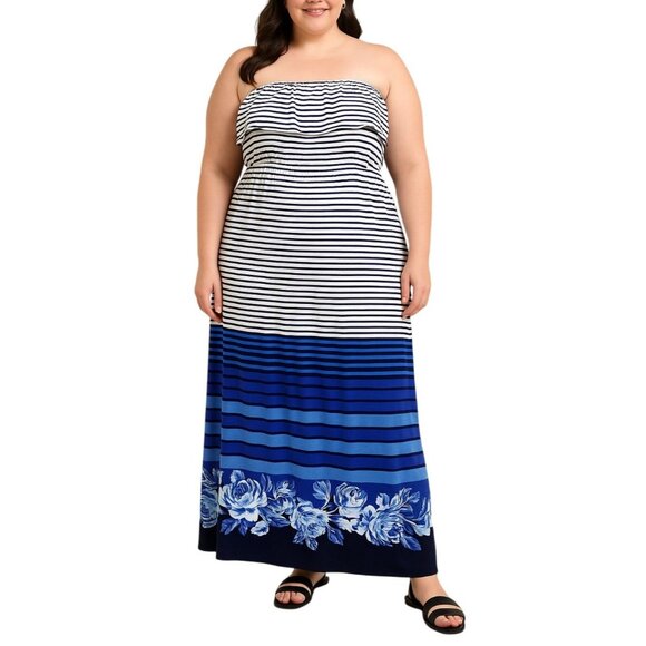 Heart Soul Striped Floral Blue White Ruffle Strapless Maxi Dress Plus Size XL - Picture 1 of 8